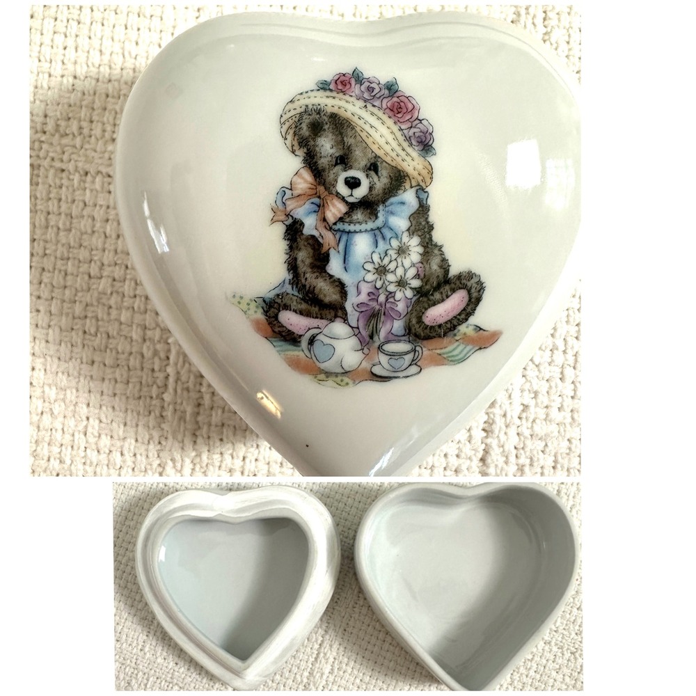 VTG Heart Ceramic Trinket Box Teddy Bear Tea Party Jewelry Keepsake Dish Cottage